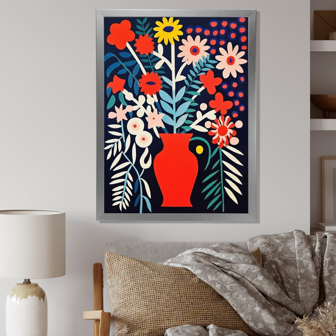 Retro Bouquet Wildflowers In Red Vase - Owl Canvas Wall Art
