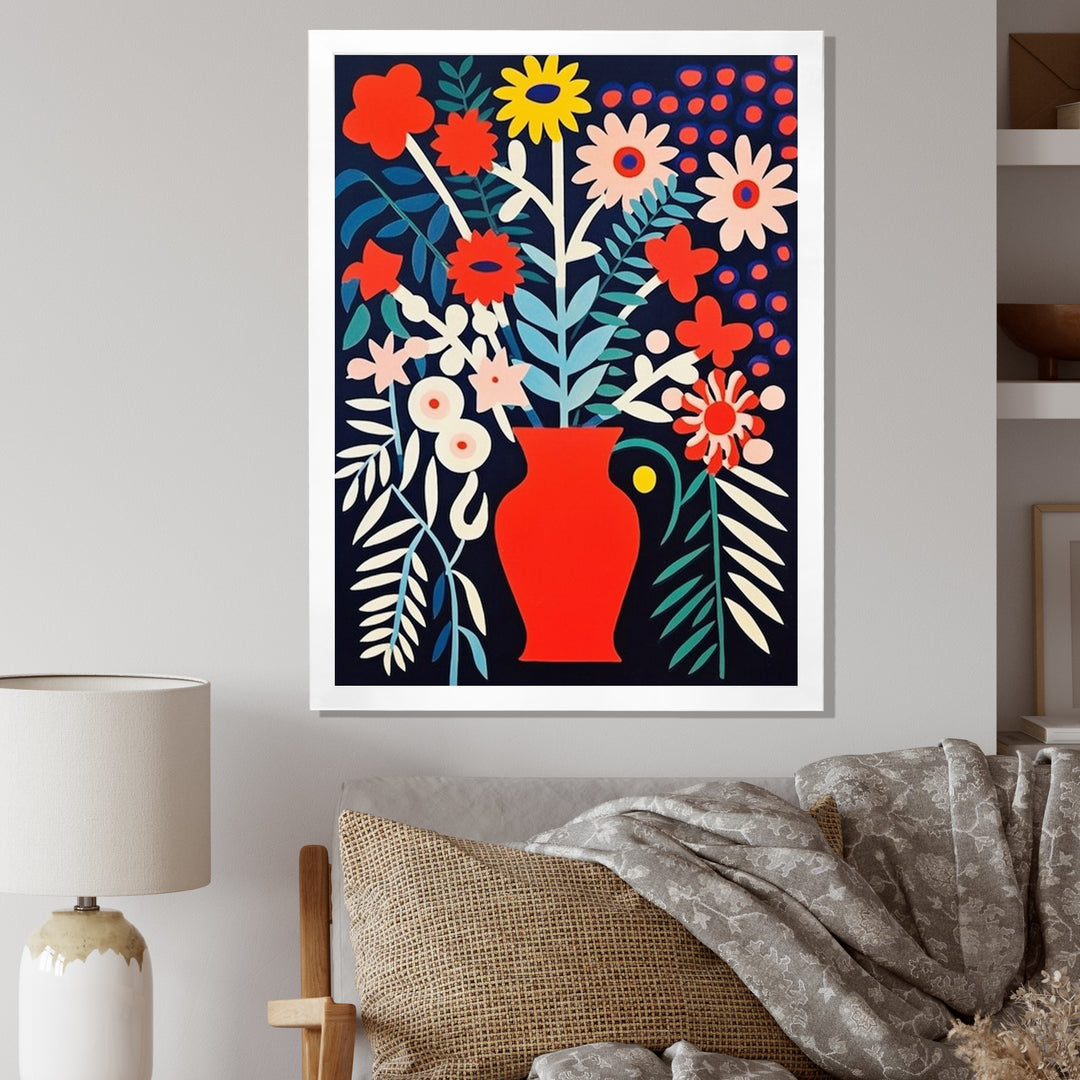 Retro Bouquet Wildflowers In Red Vase - Owl Canvas Wall Art