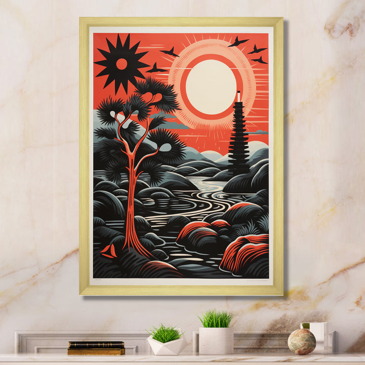 Retro Full Moon Landscape In Red And Black - Owl Wall Art Prints