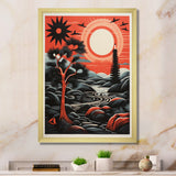 Retro Full Moon Landscape In Red And Black - Owl Wall Art Prints