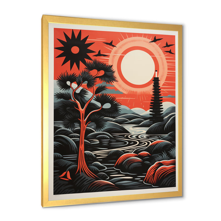 Retro Full Moon Landscape In Red And Black - Owl Wall Art Prints