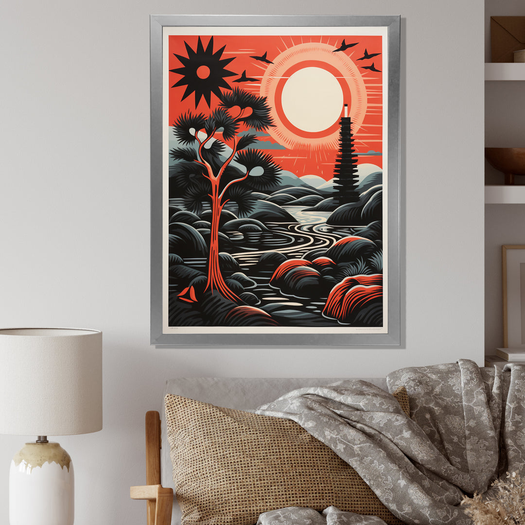 Retro Full Moon Landscape In Red And Black - Owl Wall Art Prints