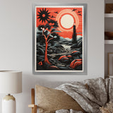 Retro Full Moon Landscape In Red And Black - Owl Wall Art Prints