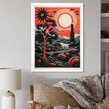 Retro Full Moon Landscape In Red And Black - Owl Wall Art Prints