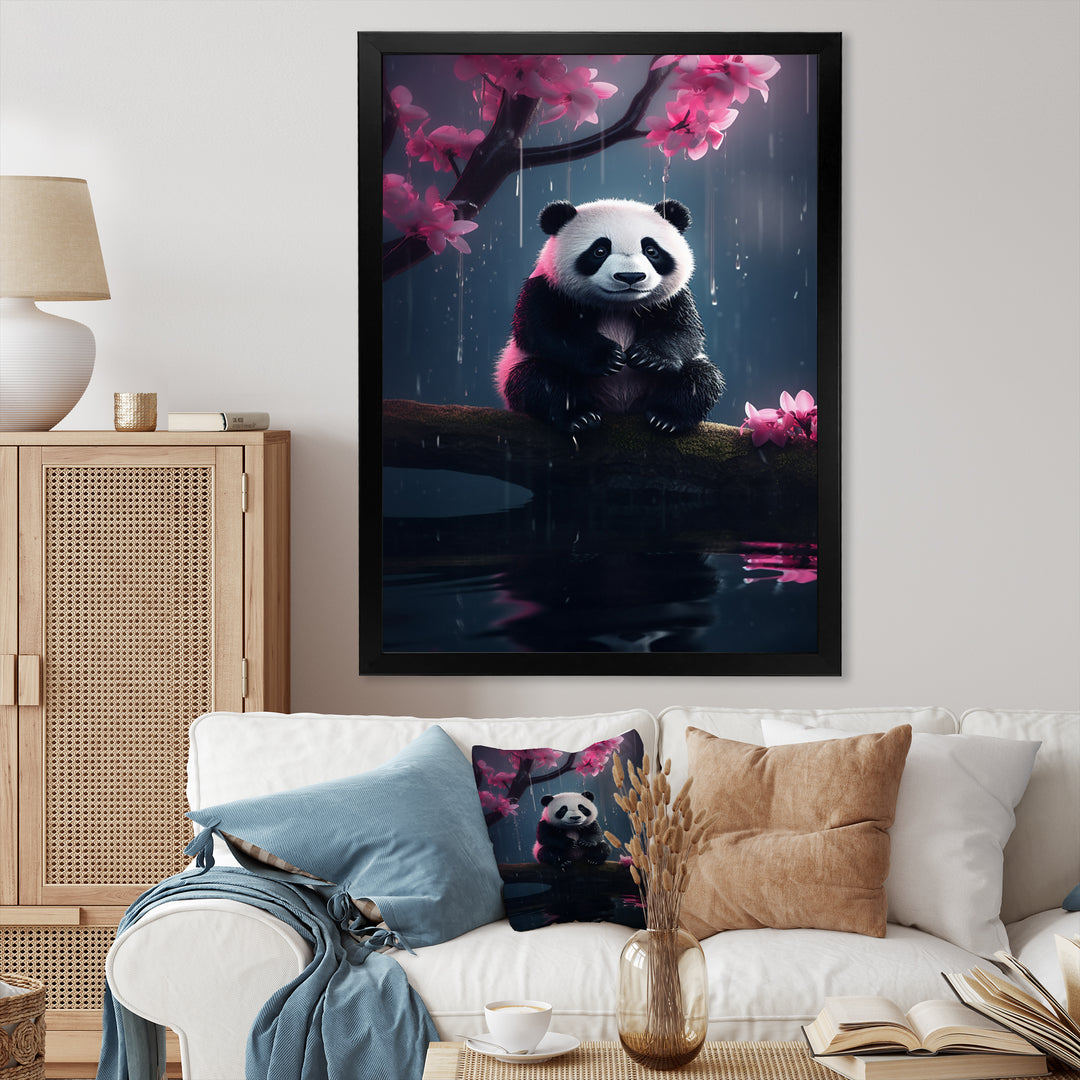 Cute Panda On Branch With Pink Flowers - Panda Framed Canvas Art