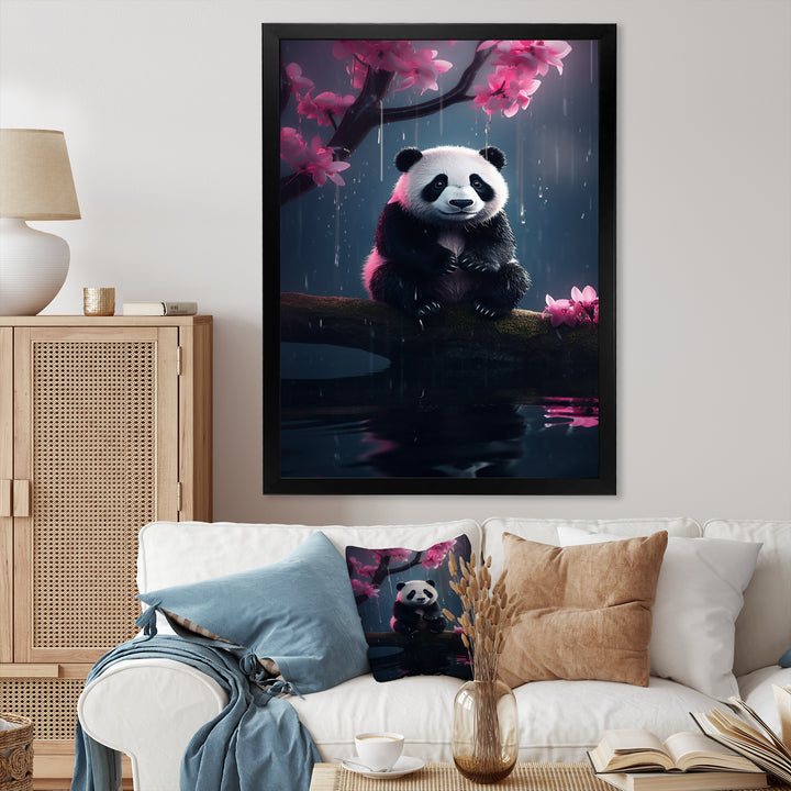 Cute Panda On Branch With Pink Flowers - Panda Framed Canvas Art