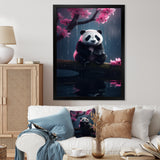 Cute Panda On Branch With Pink Flowers - Panda Framed Canvas Art