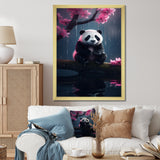 Cute Panda On Branch With Pink Flowers - Panda Framed Canvas Art