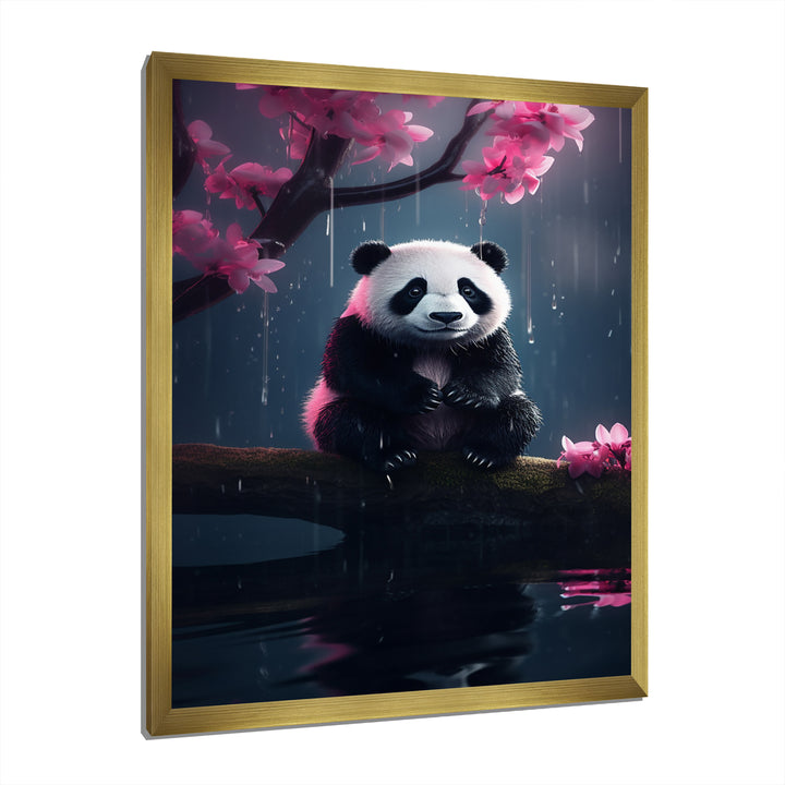 Cute Panda On Branch With Pink Flowers - Panda Framed Canvas Art