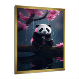 Cute Panda On Branch With Pink Flowers - Panda Framed Canvas Art