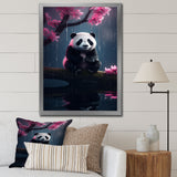 Cute Panda On Branch With Pink Flowers - Panda Framed Canvas Art