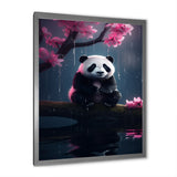 Cute Panda On Branch With Pink Flowers - Panda Framed Canvas Art