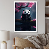 Cute Panda On Branch With Pink Flowers - Panda Framed Canvas Art