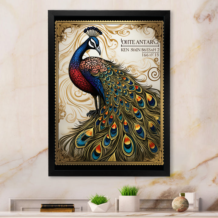 Stamp Illustration Of Glorious Peacock - Peacock Wall Art Prints