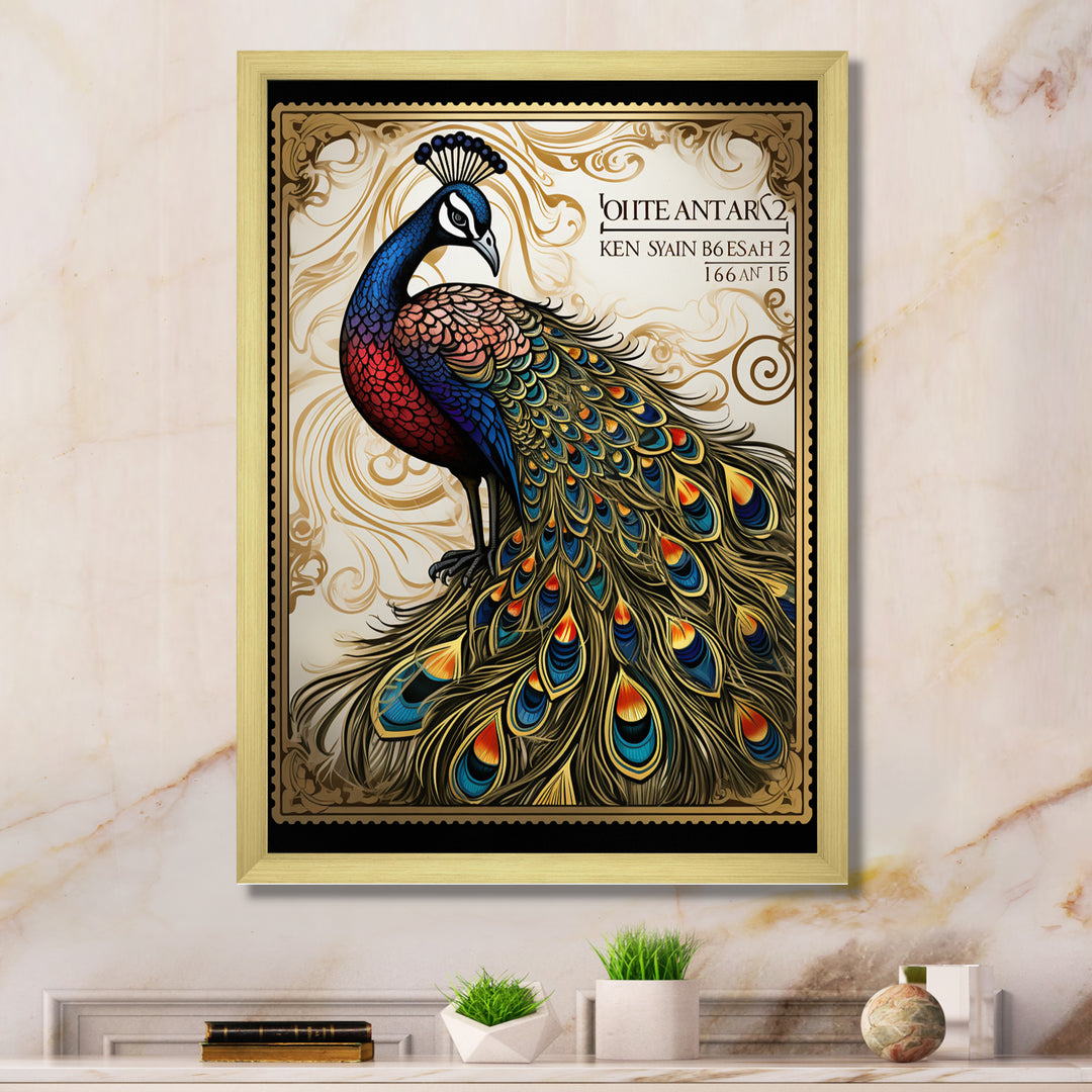 Stamp Illustration Of Glorious Peacock - Peacock Wall Art Prints