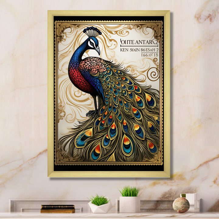 Stamp Illustration Of Glorious Peacock - Peacock Wall Art Prints