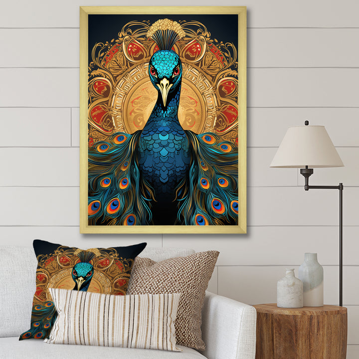 Vintage Illustration Of Glorious Blue Peacock - Blue Peacock Wall Art