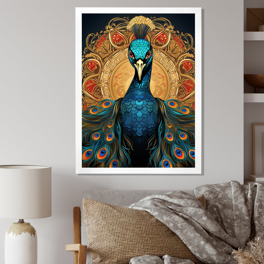 Vintage Illustration Of Glorious Blue Peacock - Blue Peacock Wall Art