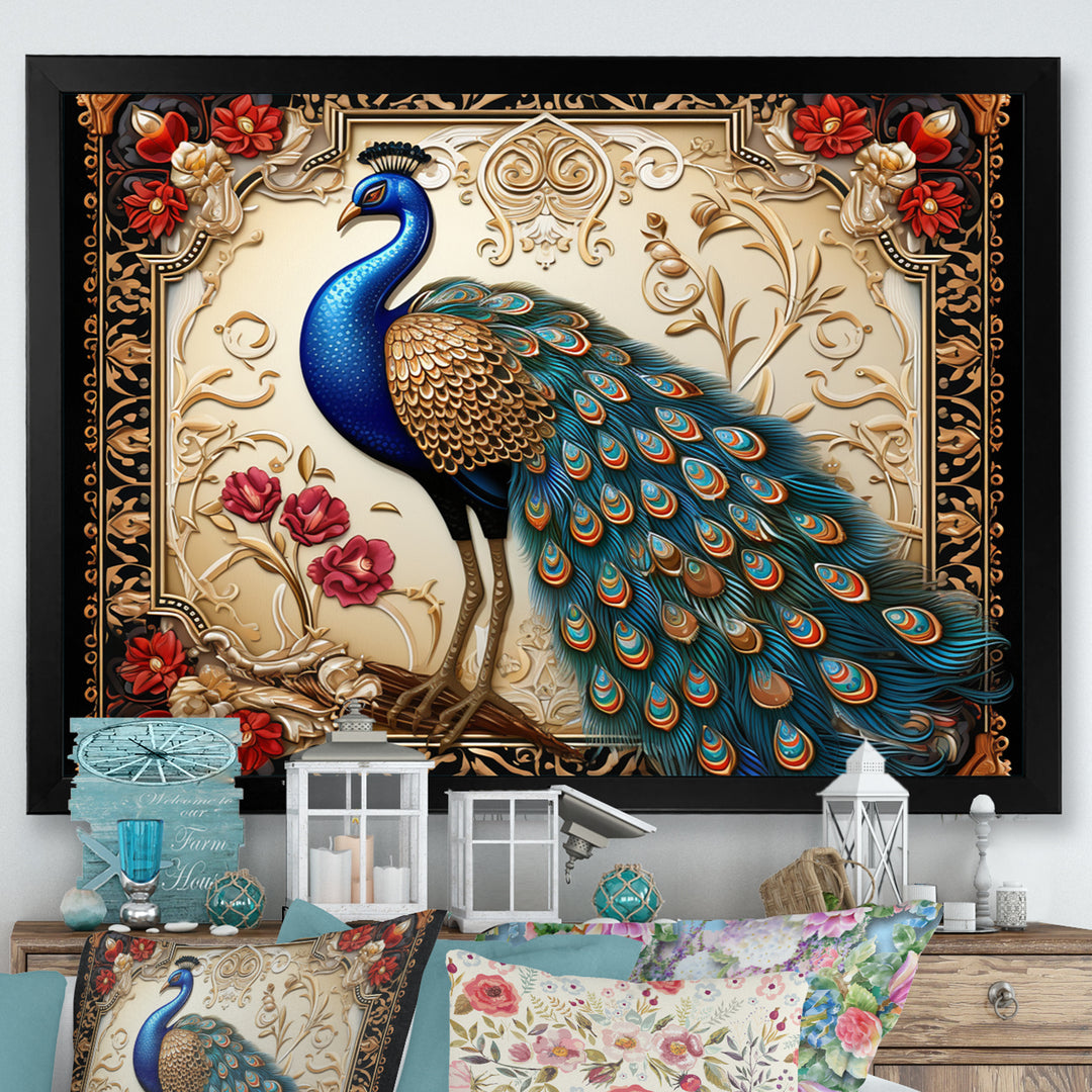 Retro Illustration Of Glorious Blue Peacock - Blue Peacock Wall Art