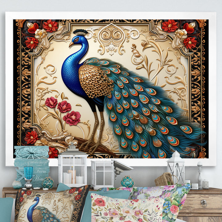 Retro Illustration Of Glorious Blue Peacock - Blue Peacock Wall Art
