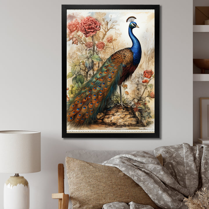 Vintage Illustration Of Glorious Peacock - Peacock Large Canvas Wall Art