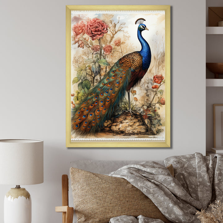 Vintage Illustration Of Glorious Peacock - Peacock Large Canvas Wall Art