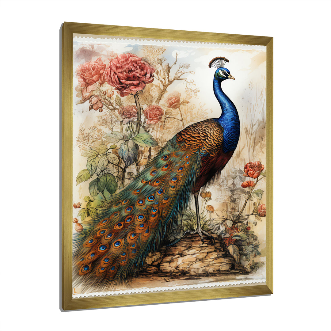 Vintage Illustration Of Glorious Peacock - Peacock Large Canvas Wall Art
