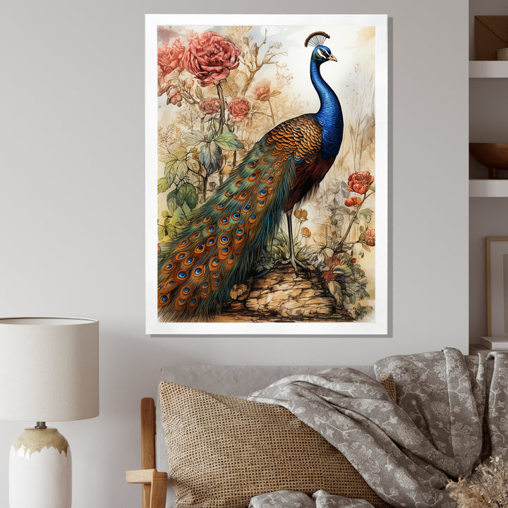 Vintage Illustration Of Glorious Peacock - Peacock Large Canvas Wall Art