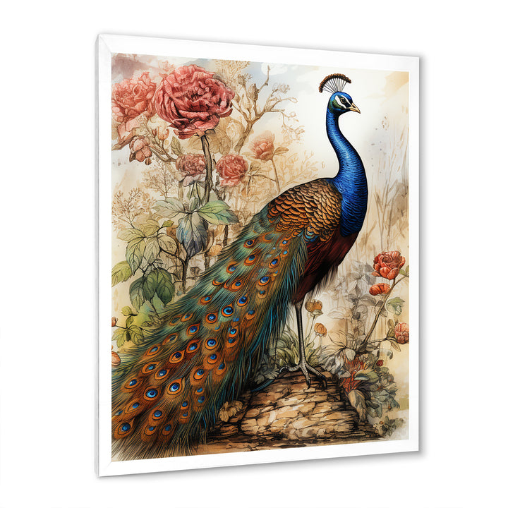 Vintage Illustration Of Glorious Peacock - Peacock Large Canvas Wall Art