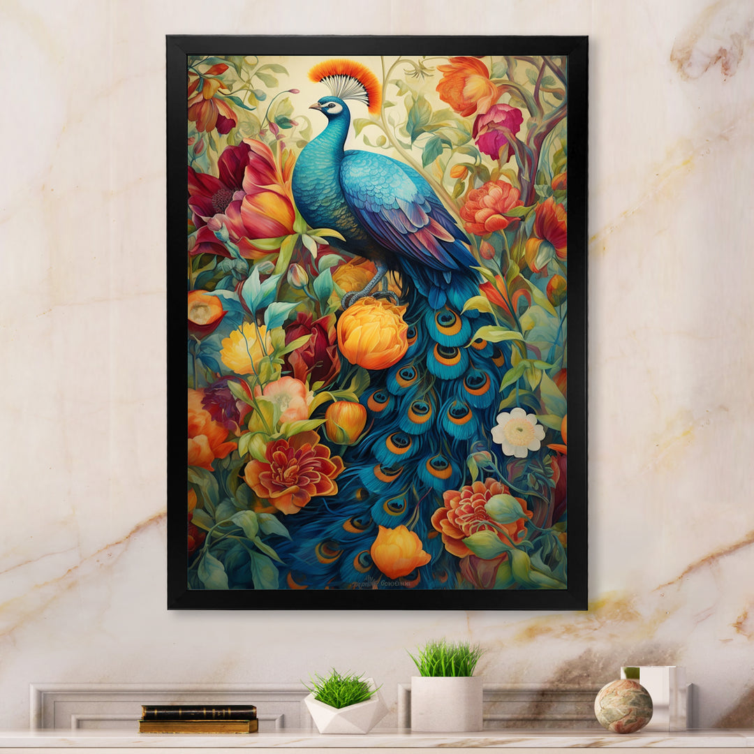 Colorful Painting Of Blue Peacock In Flower Field - Peacock Home Decor Art
