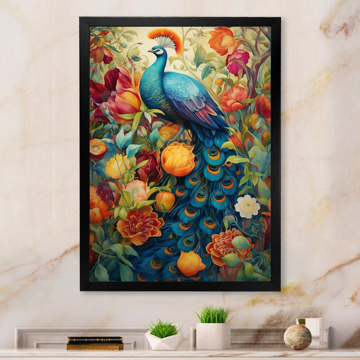 Colorful Painting Of Blue Peacock In Flower Field - Peacock Home Decor Art