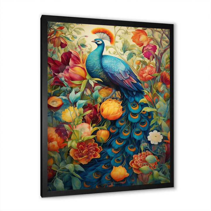 Colorful Painting Of Blue Peacock In Flower Field - Peacock Home Decor Art