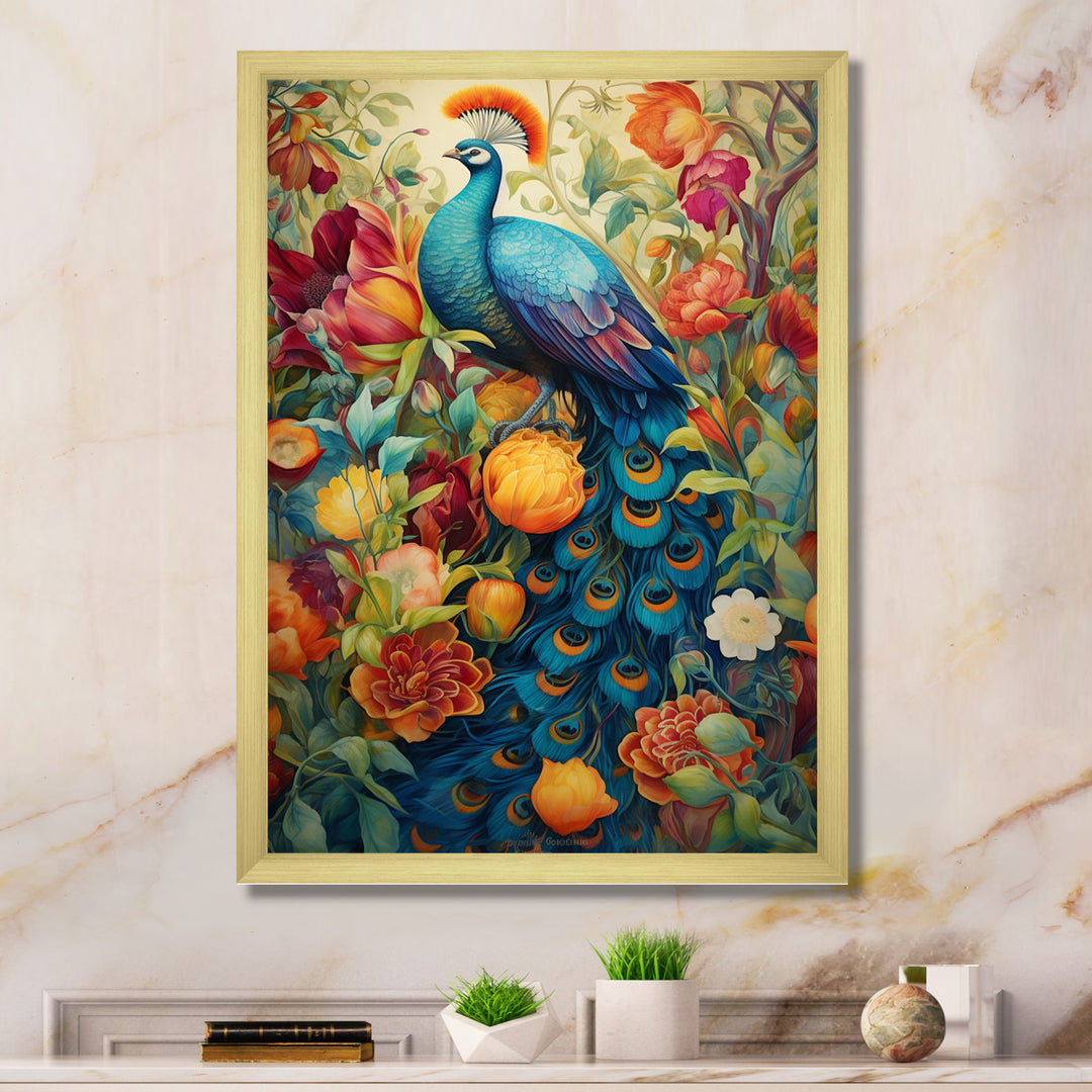 Colorful Painting Of Blue Peacock In Flower Field - Peacock Home Decor Art