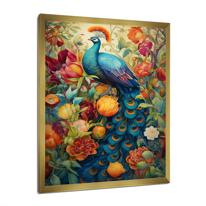Colorful Painting Of Blue Peacock In Flower Field - Peacock Home Decor Art