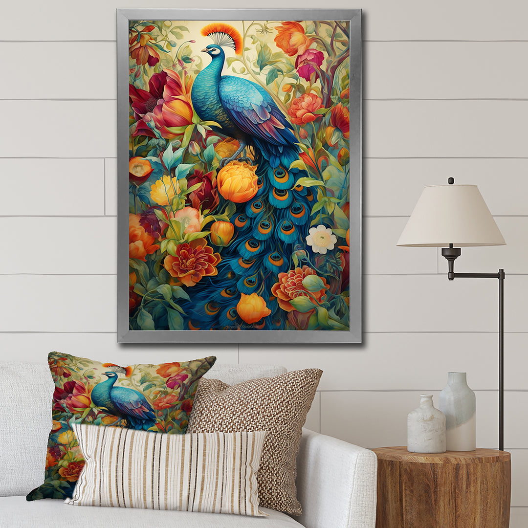 Colorful Painting Of Blue Peacock In Flower Field - Peacock Home Decor Art