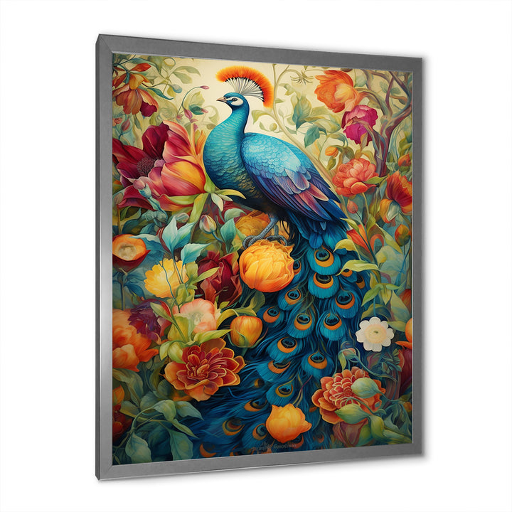 Colorful Painting Of Blue Peacock In Flower Field - Peacock Home Decor Art
