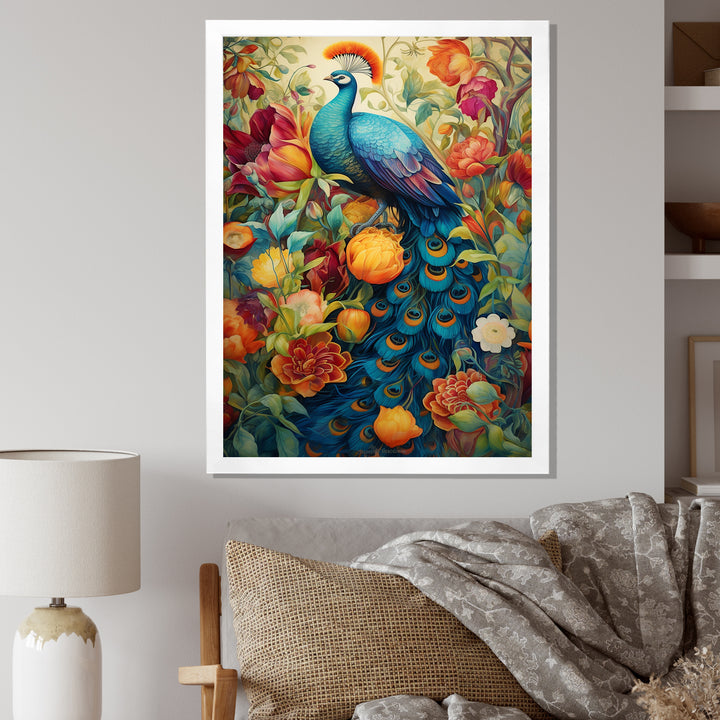 Colorful Painting Of Blue Peacock In Flower Field - Peacock Home Decor Art