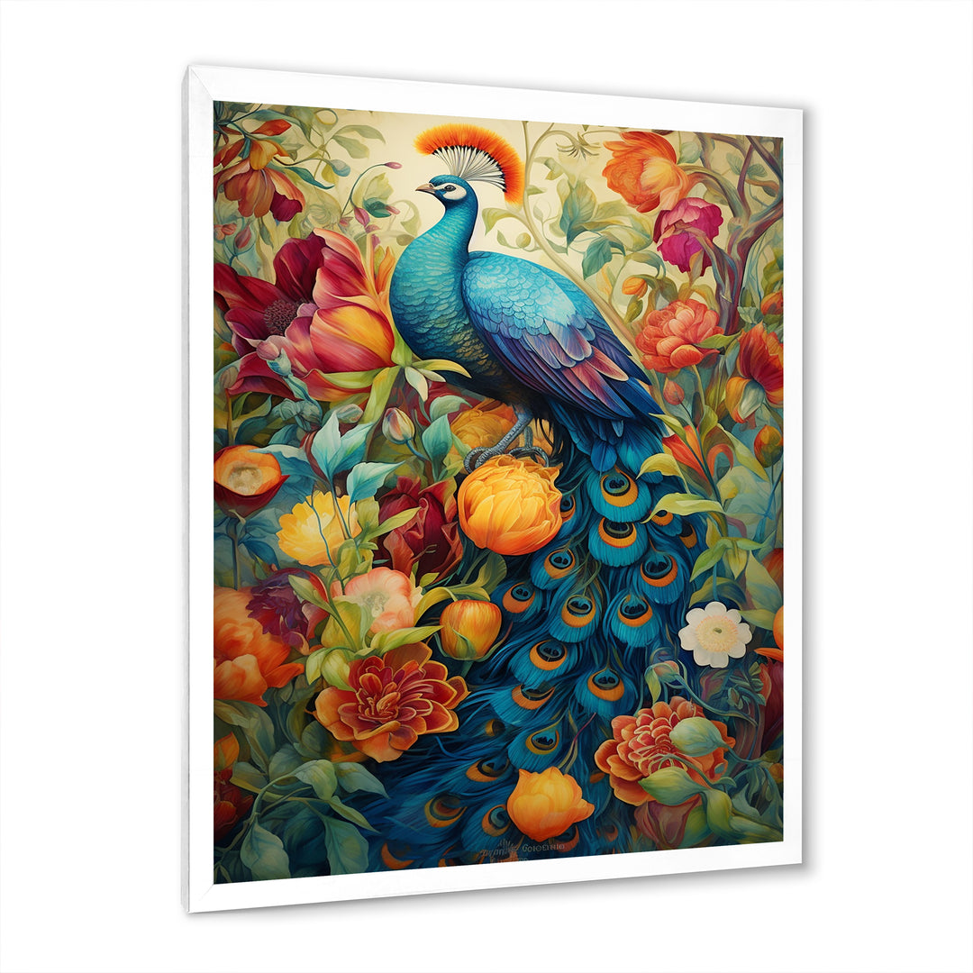 Colorful Painting Of Blue Peacock In Flower Field - Peacock Home Decor Art