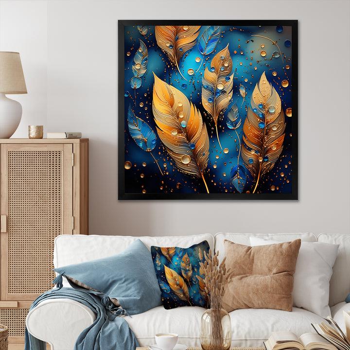 Boho Glam Gold Feathers On Cosmic Blue - Feathers Living Room Wall Art