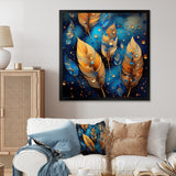 Boho Glam Gold Feathers On Cosmic Blue - Feathers Living Room Wall Art