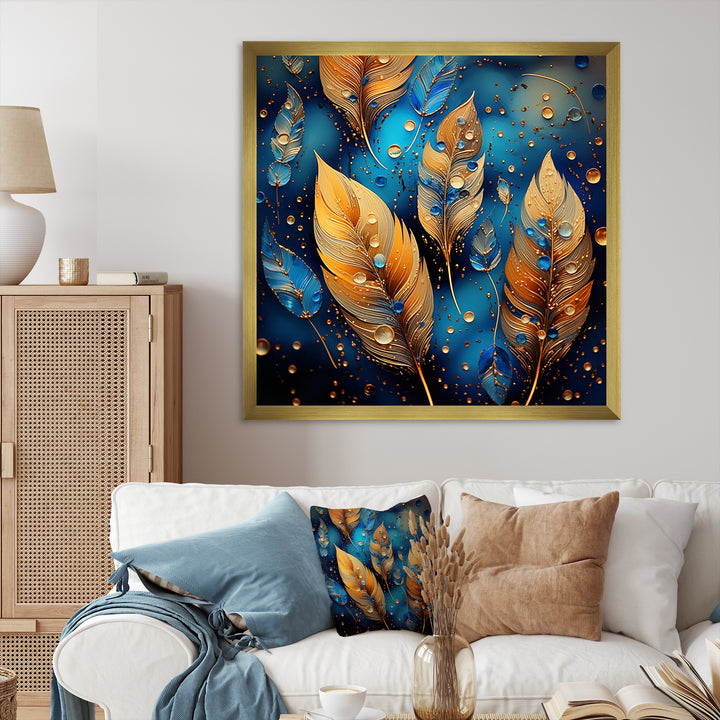 Boho Glam Gold Feathers On Cosmic Blue - Feathers Living Room Wall Art