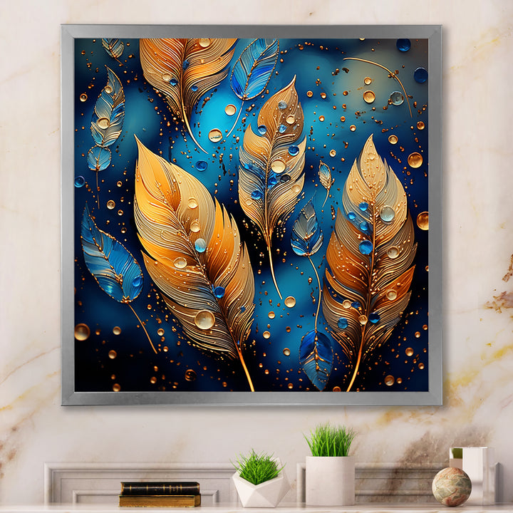 Boho Glam Gold Feathers On Cosmic Blue - Feathers Living Room Wall Art