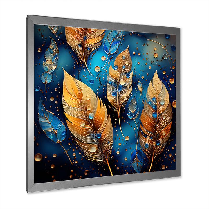 Boho Glam Gold Feathers On Cosmic Blue - Feathers Living Room Wall Art