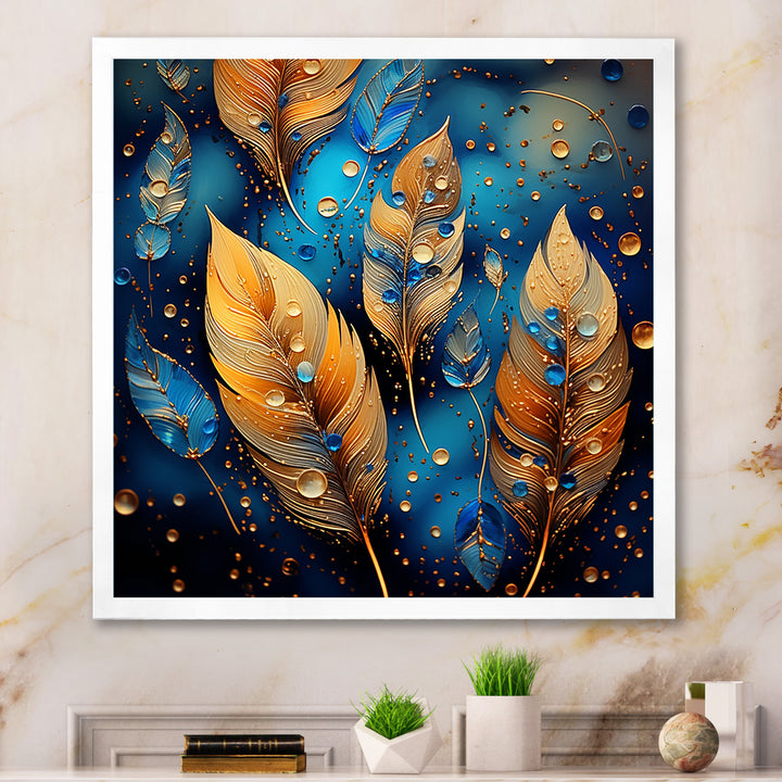Boho Glam Gold Feathers On Cosmic Blue - Feathers Living Room Wall Art