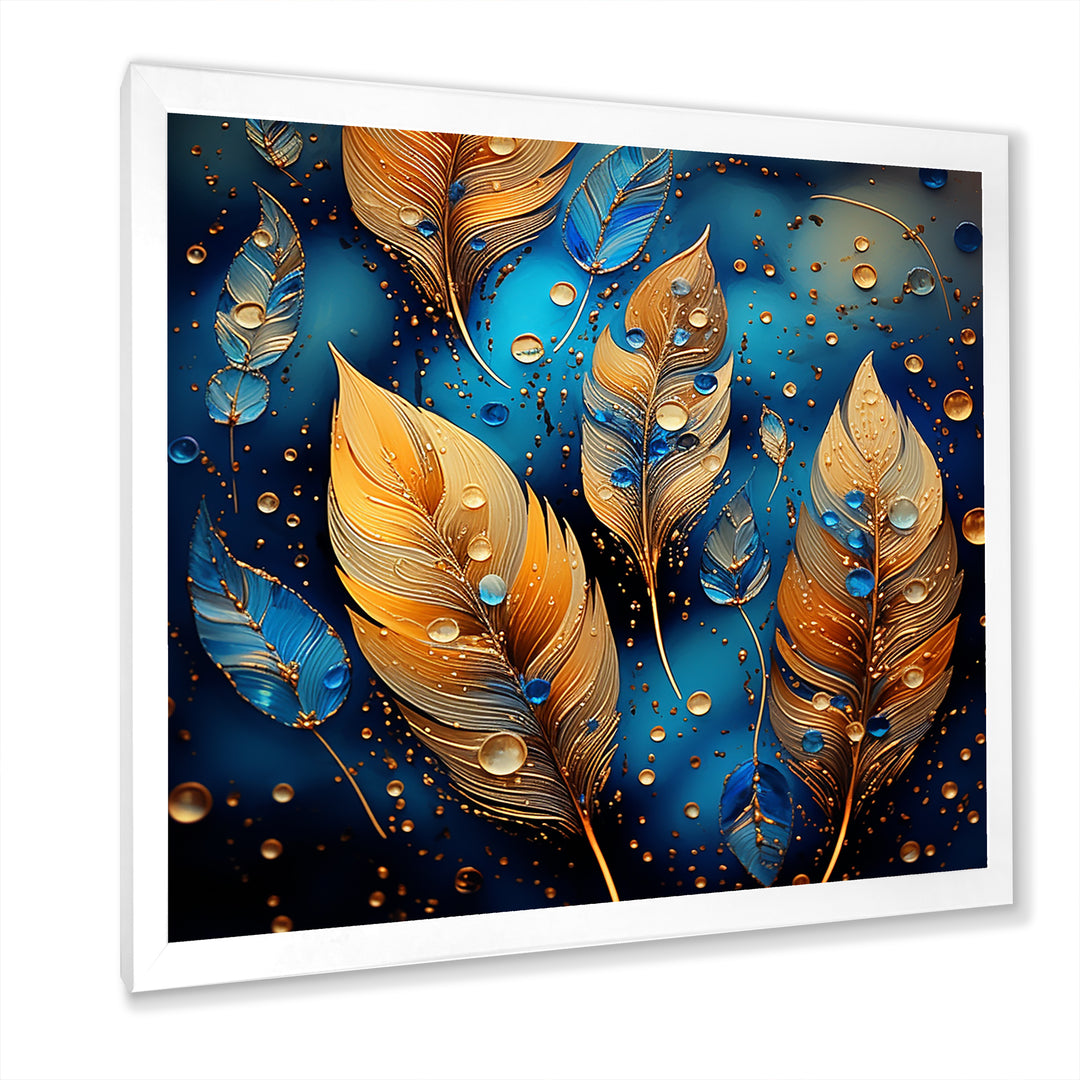 Boho Glam Gold Feathers On Cosmic Blue - Feathers Living Room Wall Art