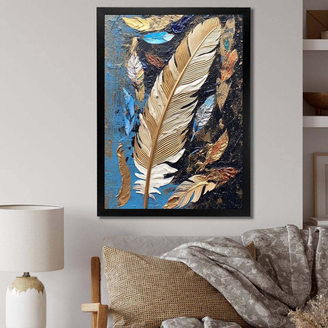 Boho Glam Exquisite Gold On Blue Feather Painting - Feathers Wall Art Prints