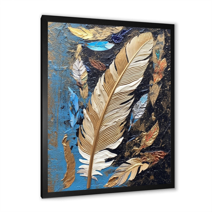 Boho Glam Exquisite Gold On Blue Feather Painting - Feathers Wall Art Prints