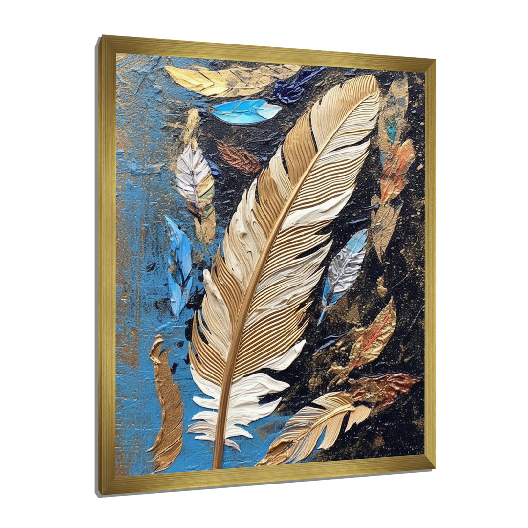 Boho Glam Exquisite Gold On Blue Feather Painting - Feathers Wall Art Prints