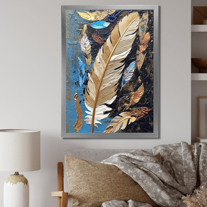 Boho Glam Exquisite Gold On Blue Feather Painting - Feathers Wall Art Prints