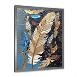 Boho Glam Exquisite Gold On Blue Feather Painting - Feathers Wall Art Prints